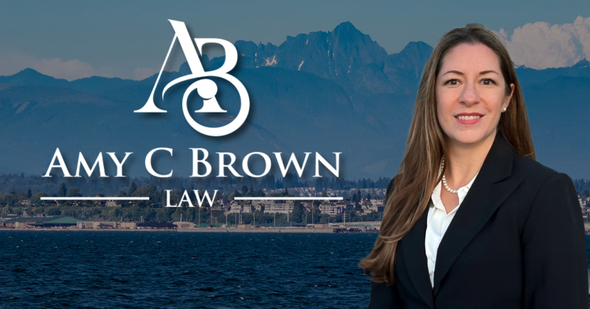 AmyBrown_OGP Amy C Brown Law - Law firm image featuring head shot of Amy C. Brown Esq, Amy C Brown Law Logo and a background of Washington state mountain range